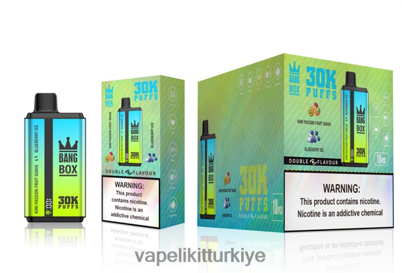 Vape Mate - Bang Box 30000 puf çift tat kivi çarkıfelek meyvesi guava ve yaban mersini dondurması HRDH865
